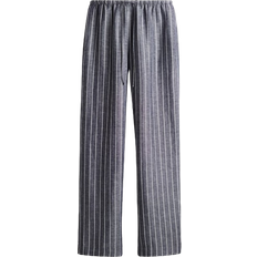 H&M Straight Linen Blend Trousers - Dark Blue/Striped