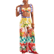 Shein Zivah Beach New Spring And Summer Casual Holiday Bowknot Shoulder Straps Chest-Wrapped Heart Collar Cropped Top + Wide-Leg Super Trousers Full Of Underwater World Colorful Print Women's Two-Piece Set
