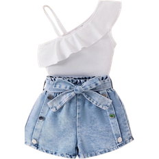 Shein Girls Cute And Playful Irregular Top Denim Shorts pcs Casual Childrens Outfit