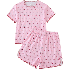 M Night Garments Shein Tween Girls' Pink Cherry Printed Short Sleeve Top And Shorts Casual Homewear Set