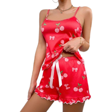 Shein Women's Cherry Graphic Cami Top With Bow Tie Straps And Frill Trim Shorts, Summer Pajama Set