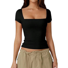 Shein Women's Summer Solid Knitted Square Neck Sexy Slim Fit Y2K Cropped Waist T-Shirt