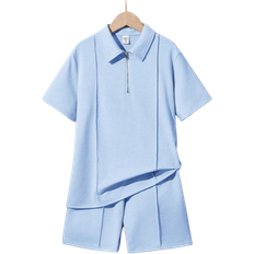 Shein Tween Boy Loose Fit Casual Solid Color Knitted Short Sleeve Polo Shirt And Shorts pcsSet