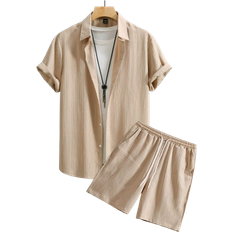 Shein Herr sommar enfrgad kortrmad skjorta och dragsko midjan Casual Set