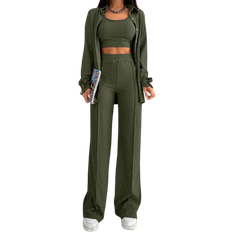 Shein Women's Spring/Summer Solid Color Drop-Shoulder Long Sleeve Shirt, Cropped Vest And Pants Casual Outfits 3pcs/Set