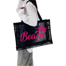 Black Beach Bags Shein Breathable Beach Mesh Tote Bag, Coconut Tree Letter Print, Large Capacity Casual Tote Bag Women Foldable Shoulder Handbag For Beach Picnic Vacation, Waterproof Multi-Purpose For Teen Girls Women College Students Perfect For School,Work,College,Outdoors, Grocery, Travel, Outings,Shoulder Handbag For Beach Picnic Vacation
