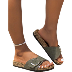 Green - Women Slippers Shein Summer Unisex Flat Cork Slippers With Trendy Big Buckle Beach Outdoor Casual FlipFlops