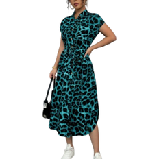 Shein Chiquease Women's Casual Vacation Travel Leopard Print Front Button Shirt Belt Bow Pocket Side Slits 2025 Summer New Short Sleeve Long Dress