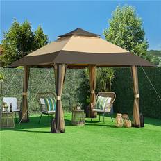 Yaheetech Khaki/Brown 4x4m Pop-Up Gazebo Tent with 4 Mesh Sidewalls
