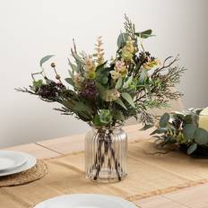 Scottish Everlastings Eucalyptus Bouquet in Ribbed Glass Vase - Green Artificial Plant