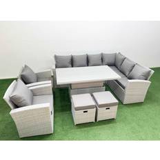 Fimous 10 Seat Rattan Garden Furniture Corner Sofa with 2 Small Stools - Light Grey Outdoor Lounge Set