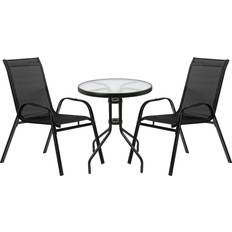 Harbour Housewares 3pc Sussex Round Glass Top Patio - Black Bistro Set, 1 Table incl. 2 Chairs