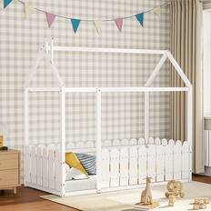 Living and Home White Pine Wood House Bed Frame with Fence Roof 1990mm