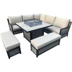 Furnishings For Less UK Garden Wooden Rattan Beige L Shaped Sofa Fire Pit Table One Size Patio Dining Set