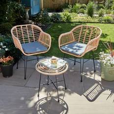 Home Source Natural Wicker Frame Black Steel Leg Glass Tabletop Bistro Set, Table incl. 2 Chairs