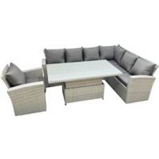 7 Seat Rattan Garden Furniture Corner Sofa with Armchair Light Grey