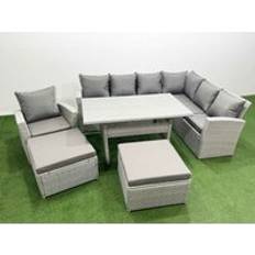 Rattan corner 9 seater Fimous Rattan Garden Furniture Outdoor 9 Seater Corner Sofa Sets with Dining Table Chair 2 Big Footstools Light Grey Mixed Patio Dining Set
