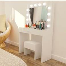 Rectangular Dressing Tables Home Source White with Stool and LED Lights Mirror Dressing Table