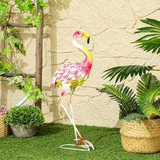 Garden Ornaments OutSunny Metal Flamingo Garden Ornament with Stakes 60 x 14 x 27 cm
