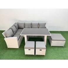 Fimous 9 Seater Wicker Rattan Corner Sofa Sets with Rectangular Dining Table Light Grey Outdoor Lounge Set