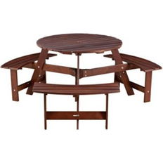 Picnic Tables Flynama Brown Round Wood Picnic Table Seats 6 with Umbrella Hole