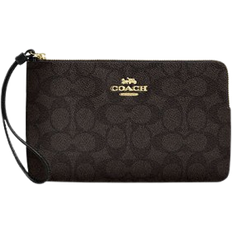 Coach Large Corner Zip Wristlet In Signature Canvas - Gold/Walnut/Black