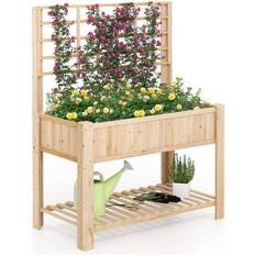 Pots, Plants & Cultivation Costway Raised Garden Bed with Trellis Wooden Elevated Planter Box with Legs Natural
