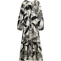H&M Tie-Belt Crepe Dress - Cream/Black Patterned