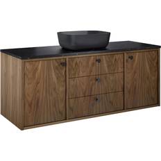 Hill Ceramic Tvättställsskåp Vinyl Valnöt 140 cm med Bänkskiva Marmor Svart Handtagen