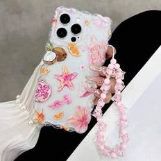 Shein Wave Edge Textured TPU Floral Starfish Turtle Painted Shockproof Case with Handmade Beaded Bracelet for iPhone 16 Pro