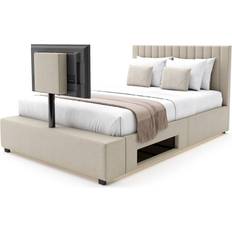 Beige Bed Frames Ryman Maisie Fabric TV Bed with Lighting