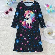 Polyester Nightgowns Children's Clothing Shein Girls Nightglow Star Unicorn Simple Solid Color Elegant Round Neck Long Sleeve Nightgown Sleepwear