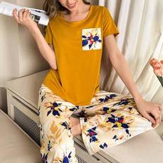 Women - Yellow Sleepwear Shein Floral Print Round Neck Short Sleeve And Long Pants Pajama Set - Women