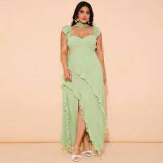 Shein Plus Size Women Long High Slit Ruffled Hem Dress - Green
