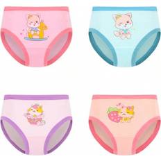 Polyester Knickers Children's Clothing Shein Young Girl 4pcs Pack Soft And Comfortable Triangle Panties - Cute Cat Pattern
