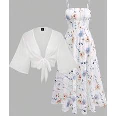 Shein Franclia Plus Size Women Floral Chiffon Dress And Elegant Two Pieces Set - Summer