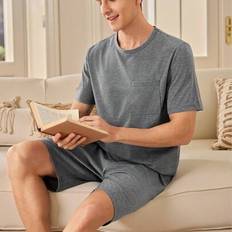 Men - Stretch Sleepwear Shein Men's Short Sleeve And Shorts Solid Color Pajama Set
