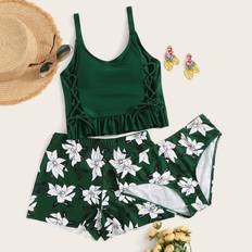 Shein Floral Tankini Set Ruffle Hem Lace Up Cami Top - High Waisted Bottom & Shorts