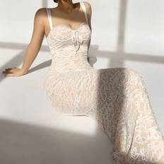 Shein Elegant And Sexy Heart Shape Solid Color Lace Bodycon Maxi Dress - White