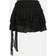Shein Teen Girls Ruffle Trim Low Rise Y2K Mini Black Skirt - Black/Multi