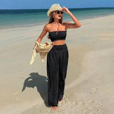Women Swimsuit Cover-Ups & Sarong Wraps Shein Swim Vcay 2pcs Set Women Beach Summer Outfits - Ruffle Bandeau Top And High Waist Wide Leg Solid Color Woven Pants - With Cover Up