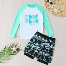 Boys UV Clothes Children's Clothing Shein Tween Boys Slim Fit Rash Guard & Swimming Trunks Set