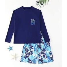 UV Clothes Shein Teen Boys Letter Print Long Sleeve Top & Shorts Swimwear Set - Summer/Beach