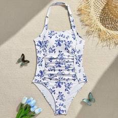Shein Teen Girls Blue Floral Print One-Piece Swimsuit Sets - Blue Floral
