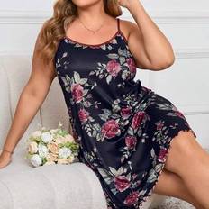Black - Elastane/Lycra/Spandex Nightgowns Shein Floral Print Plus Size - Nightgown