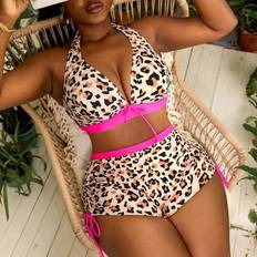 Leopard Bikinis Shein Plus Size Women Leopard Print Bikini Set With Tie Front Top - Drawstring