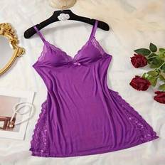 Stretch Nightgowns Shein Pink Lace Bow Spaghetti Strap Nightgown - Romantic Deep