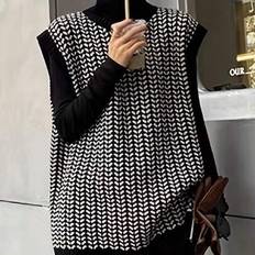 High Collar Tank Tops Shein Herringbone Print Casual High Neck Sleeveless Knitted Tank Top - Black/White