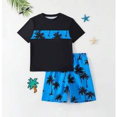 Elastane UV Sets Children's Clothing Shein Teen Boys Coconut Tree Printed Top And Random Printed Swim Trunks Set - Summer