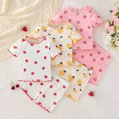 24-36M Pyjamases Children's Clothing Shein 6pcs Baby Girl Cute Strawberry Pattern Ruffle Trim Round Neck Short Sleeve Top And Shorts Knit Soft Comfortable Summer Pajama Set